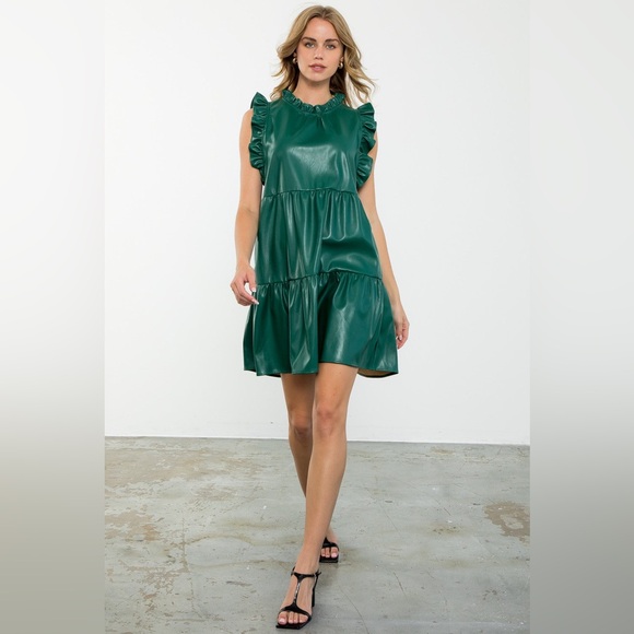 Dresses & Skirts - Green vegan leather tiered dress size XS